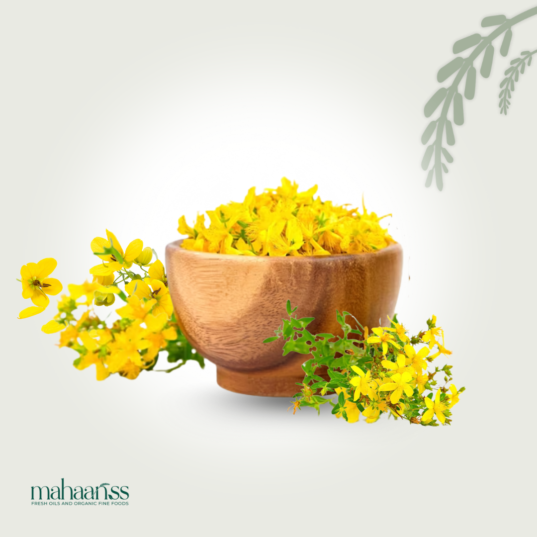 Wooden bowl filled with yellow Cassia Floweron a light gray background