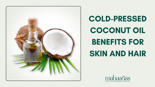 This is a blog banner image that tells about the benefits of cold-pressed coconut oil for skin and hair