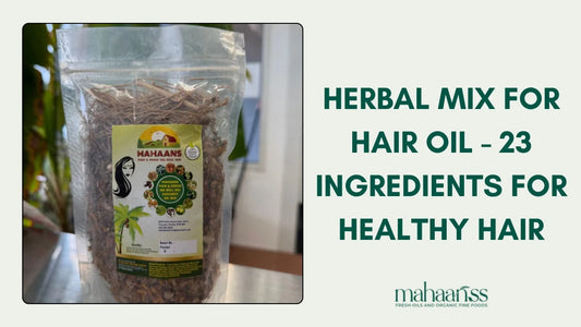 This is a blog banner image of herbal mix for hair ouil with 23 ingredients for healthy hair