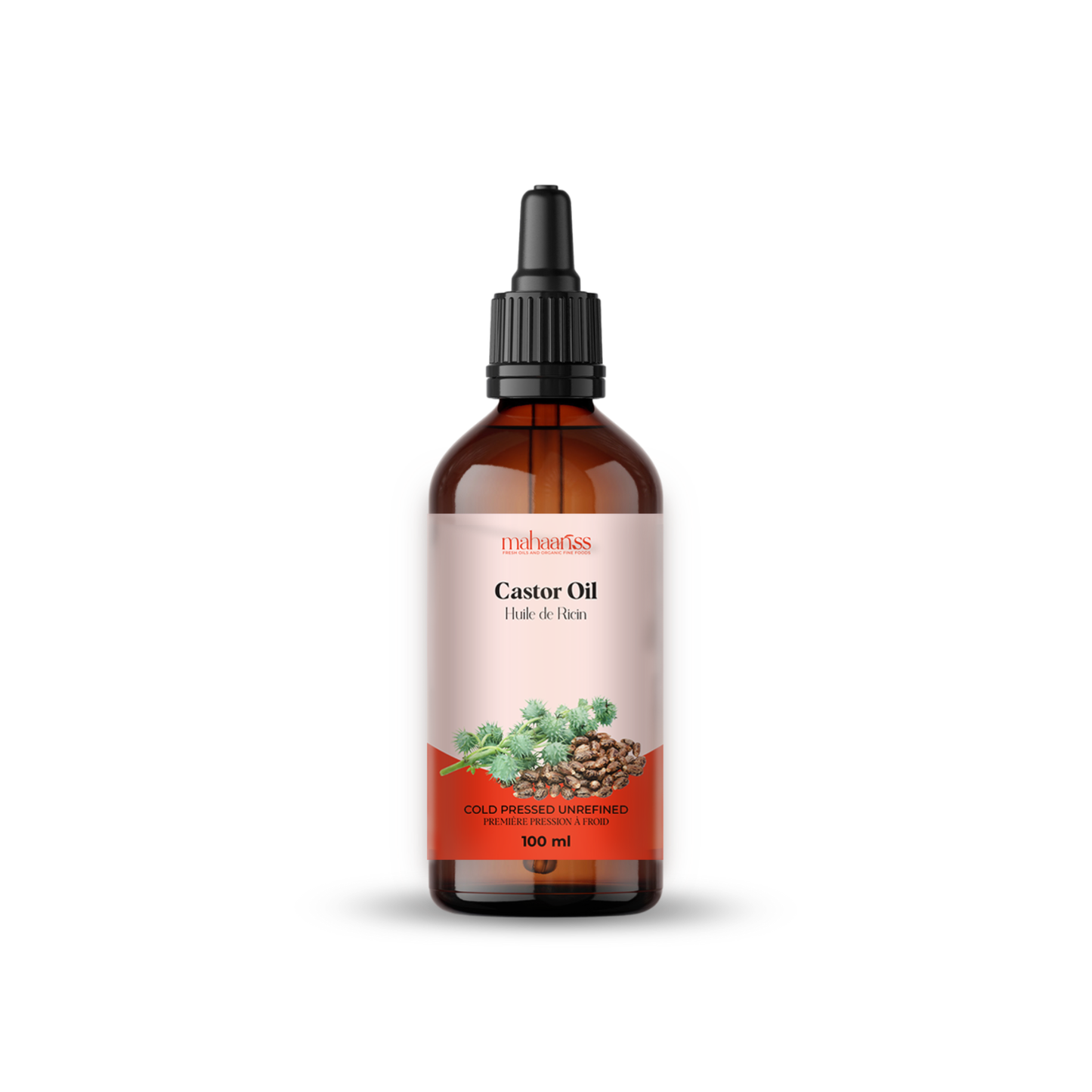 Bottle of castor oil with a label on a white background