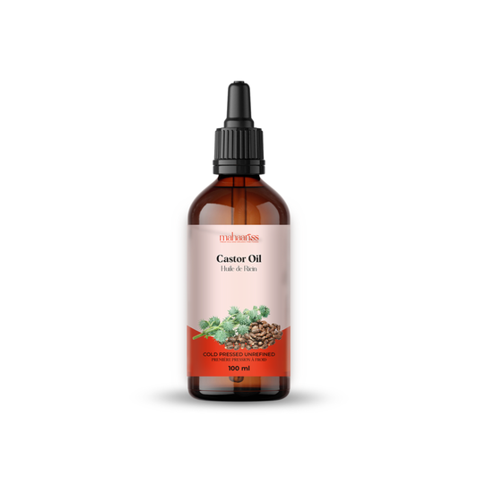 Bottle of castor oil with a label on a white background