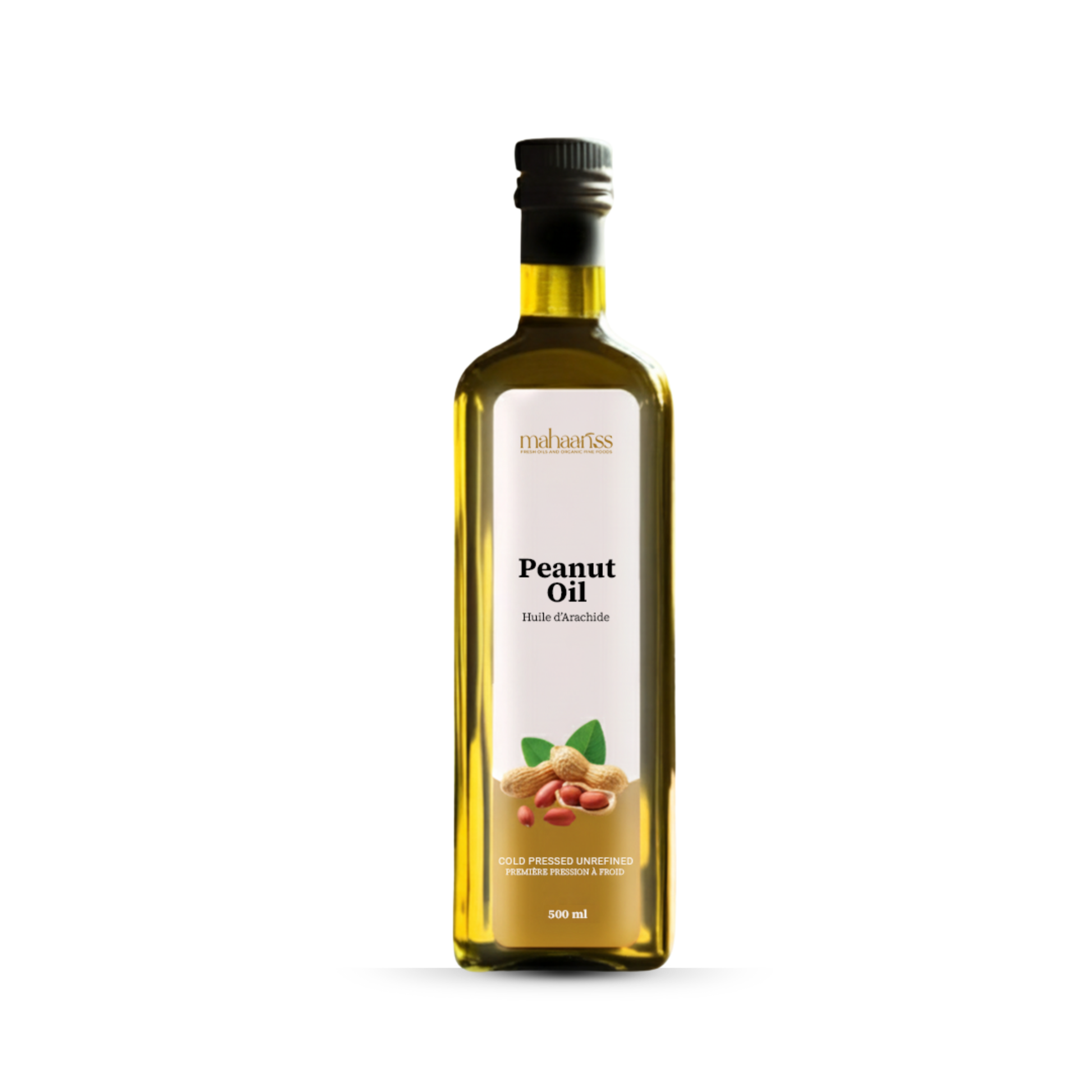 Bottle of peanut oil with a white label on a white background