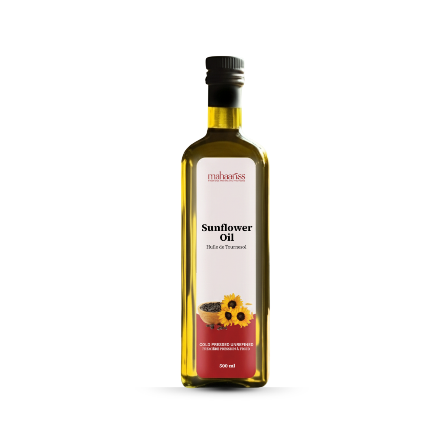 Bottle of sunflower oil with a white label on a white background