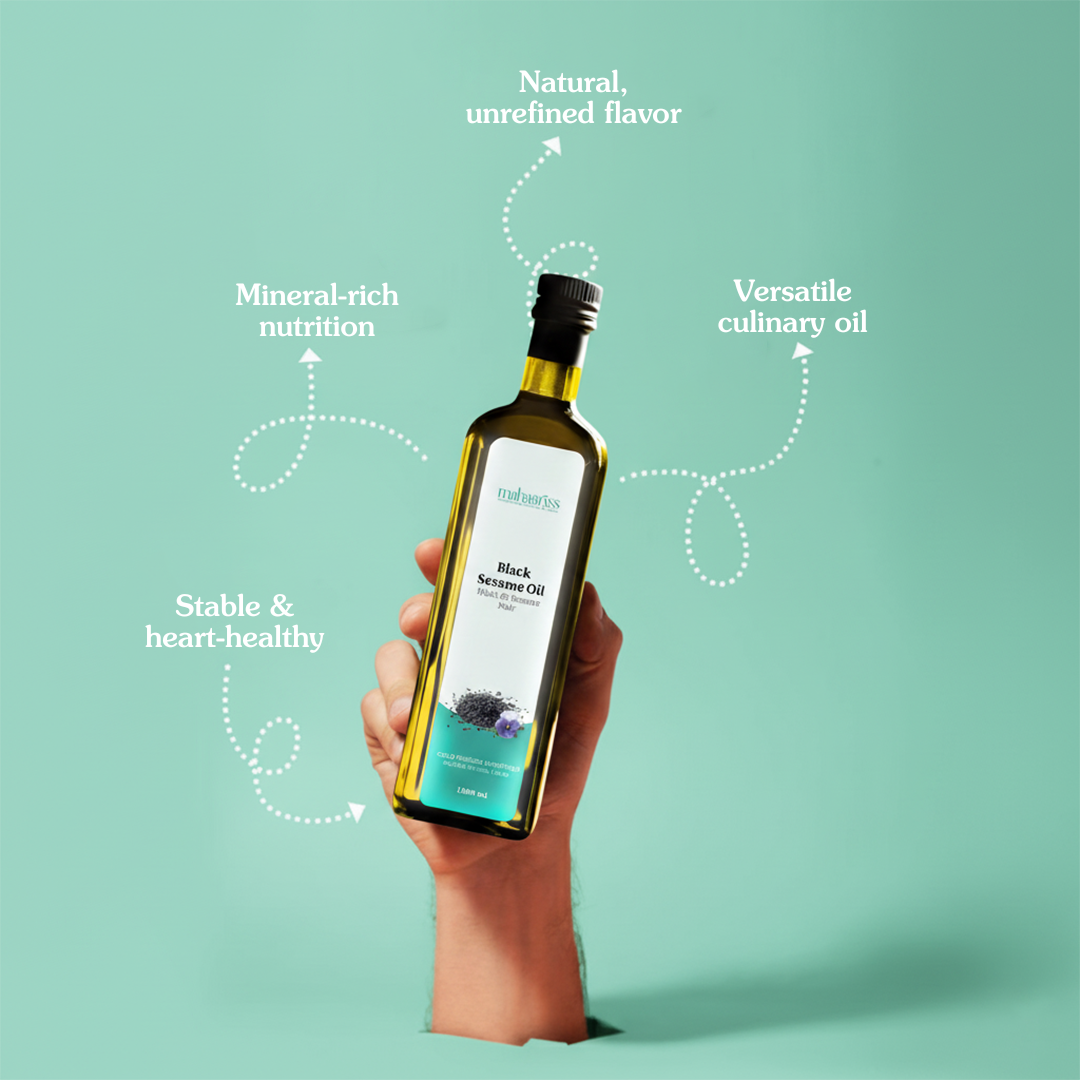 Bottle of black sesame oil held by a hand with text highlighting its benefits on a light green background