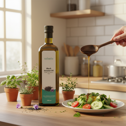 Bottle of Black Sesame Oil being drizzled over a salad in a kitchen setting.