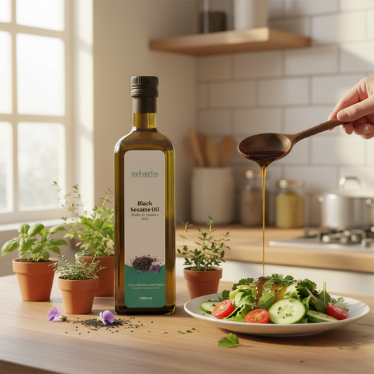 Bottle of Black Sesame Oil being drizzled over a salad in a kitchen setting.