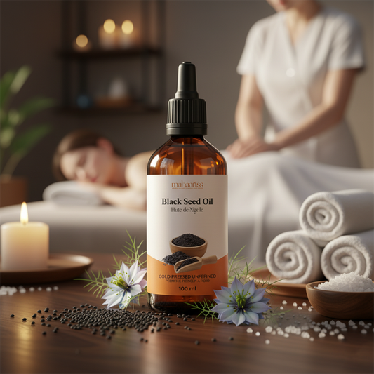 Bottle of black seed oil with a blurred background of a massage setting