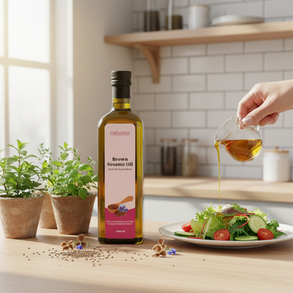 Bottle of Brown Sesame Oil with a person pouring it over a salad in a kitchen setting.