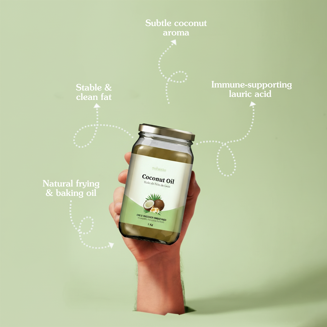 Coconut oil bottle held by a hand with text highlighting benefits on a light green background