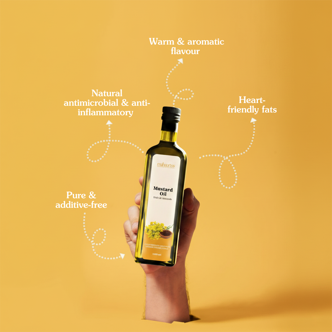 Hand holding a bottle of mustard oil with text highlighting its benefits on a yellow background