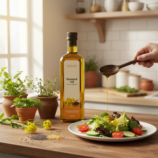 Bottle of mustard oil on a kitchen counter with a salad and a spoon