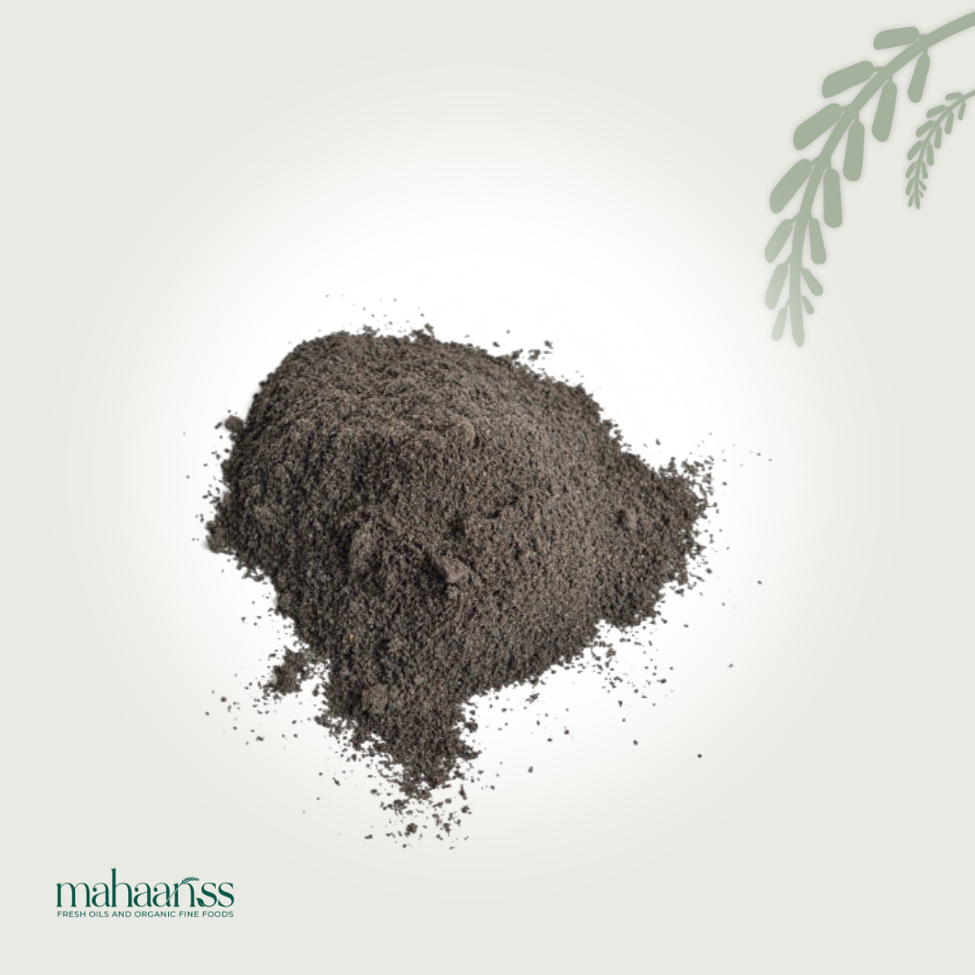 Dark brown powder on a light gray background with 'maharajiss' branding.