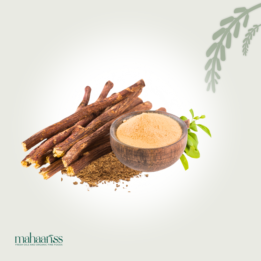 Licorice root, ground licorice, and a small bowl of ground licorice on a light background with 'mahaanssj' branding.