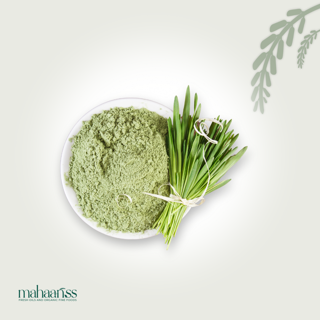 Natural mountain knotgrass powder in a white bowl with fresh knotgrass leaves on the side