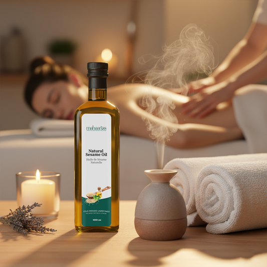 Bottle of natural sesame oil with a person receiving a massage in the background