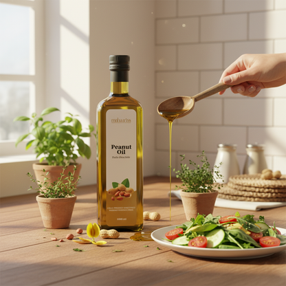 Bottle of peanut oil with a spoon drizzling oil over a salad on a wooden table.