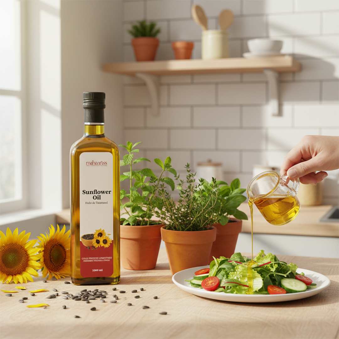 Sunflower oil bottle with a person pouring oil onto a salad in a kitchen setting.