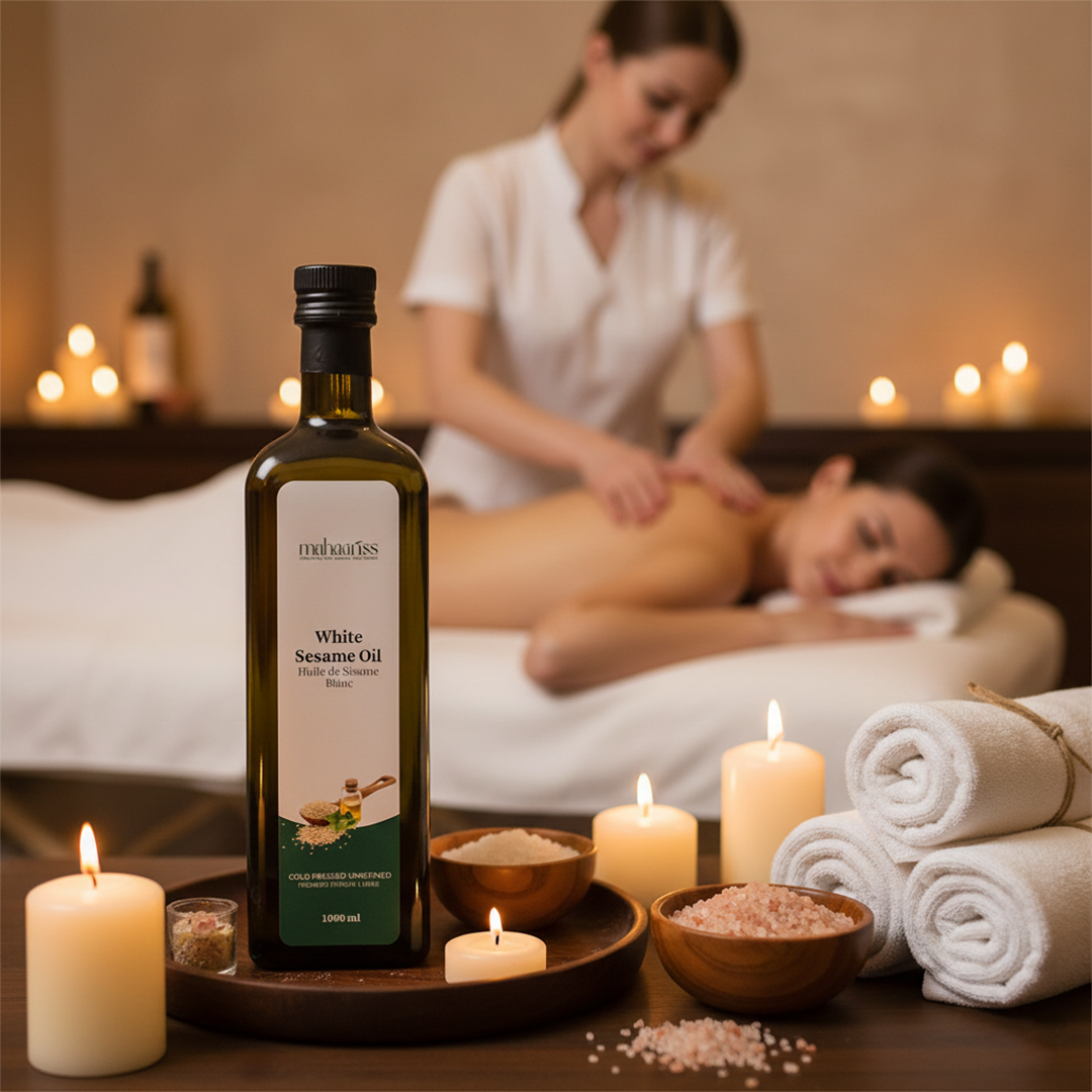 Bottle of White Sesame Oil with a massage scene in the background
