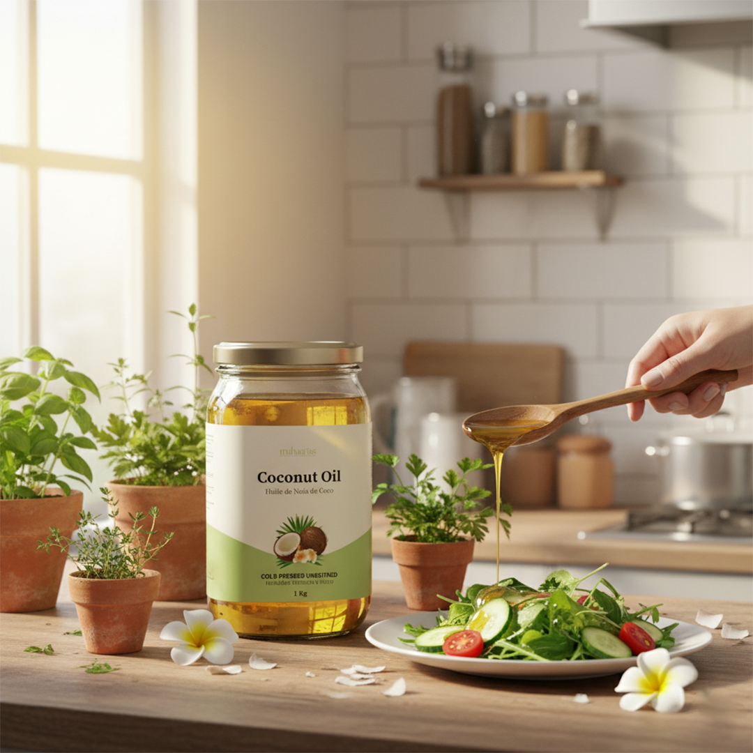 Jar of coconut oil on a kitchen counter with a salad and a hand using a wooden spoon.