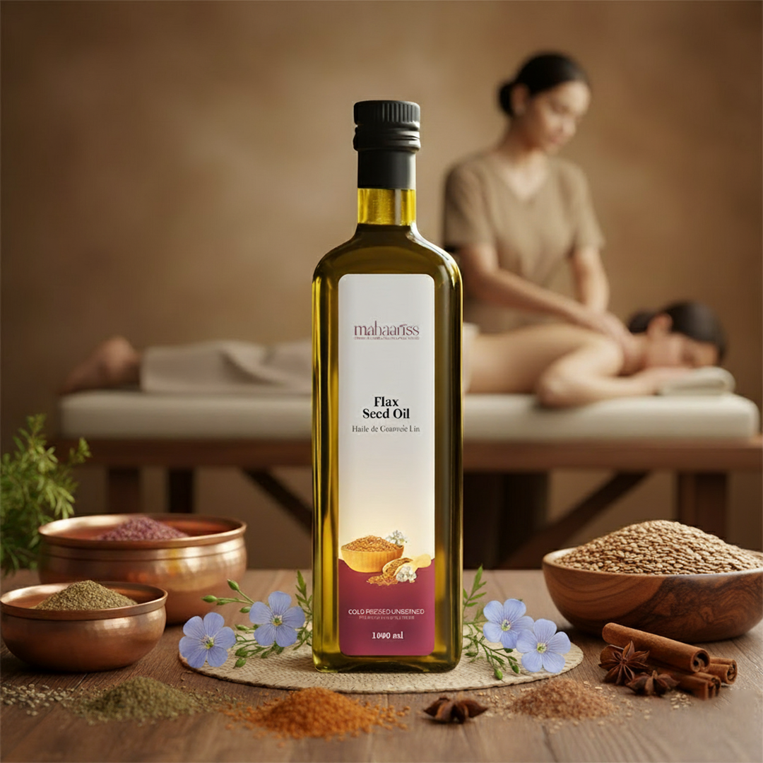 Bottle of flax seed oil on a wooden table with bowls of ingredients and a blurred background of a person receiving a massage.